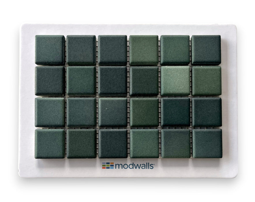 Modwalls Mediterranean Mosaic Porcelain Tile Sample | Montenegro Blend Matte | Green |  Colorful Modern & Midcentury tile for bathrooms, kitchens, backsplashes, showers, floors, pools & outdoors.Modwalls Mediterranean Mosaic Porcelain Tile Sample | Cannes Blend Gloss | Blue |  Colorful Modern & Midcentury tile for bathrooms, kitchens, backsplashes, showers, floors, pools & outdoors.