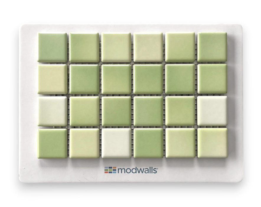 Modwalls Mediterranean Mosaic Porcelain Tile Sample | Provence Gloss Blend |Green| Colorful Modern & Midcentury tile for bathrooms, kitchens, backsplashes, showers, floors, pools & outdoors.
