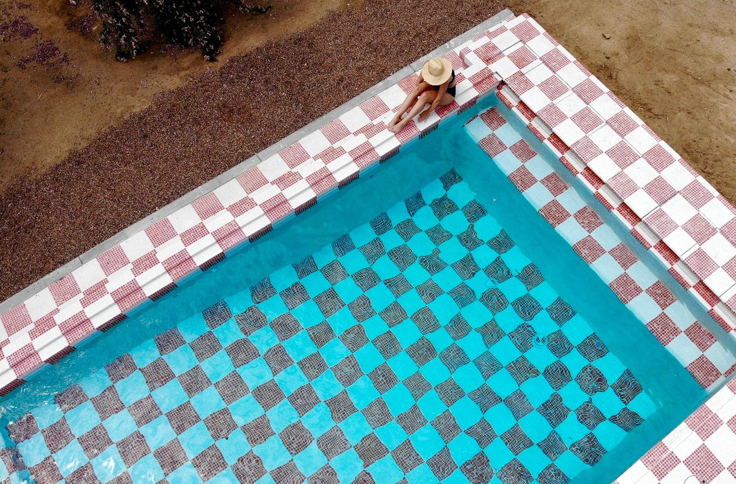 Modwalls Mediterranean Porcelain Mosaic Tile | Red & White Checkerboard | Colorful Modern & Midcentury tile for bathrooms, kitchens, backsplashes, showers, floors, pools & outdoors. 