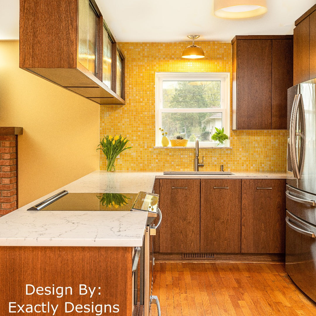 Modwalls Mediterranean Mosaic Porcelain Tile | Tangier Blend Gloss | Yellow | Pictured installed on a kitchen backsplash | Colorful Modern & Midcentury tile for bathrooms, kitchens, backsplashes, showers, floors, pools & outdoors. 