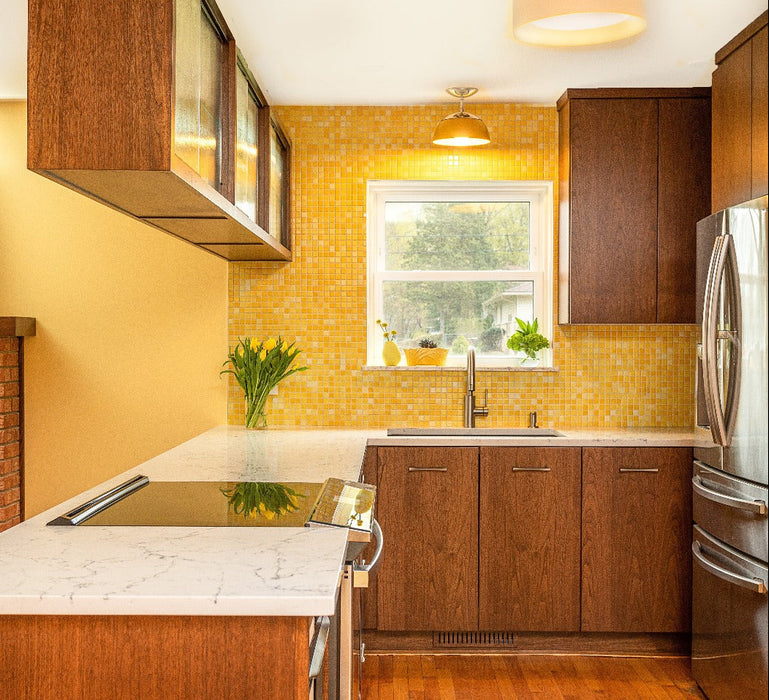 Modwalls Mediterranean Mosaic Porcelain Tile | Tangier Blend Gloss | Yellow | Pictured installed on a kitchen backsplash | Colorful Modern & Midcentury tile for bathrooms, kitchens, backsplashes, showers, floors, pools & outdoors. 