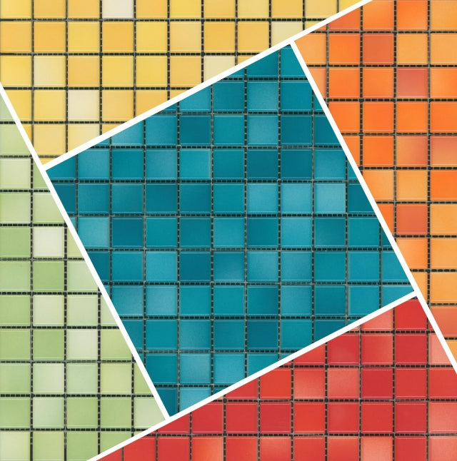 Mediterranean Mosaic porcelain ceramic tile features bright, colorful mosaic 1 inch tile for backsplash, kitchen, shower, bathroom, outdoor and pool. Matte finish options have anti-slip coating. Blue, green, yellow, orange, red, gray, black and white.