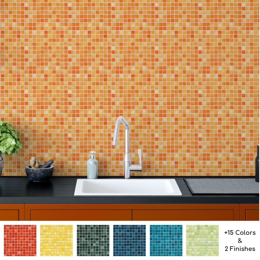 Mediterranean Mosaic porcelain ceramic tile updates classic midcentury style with modern colors and finishes. This collection features bright, colorful mosaic 1 inch tile for backsplash, kitchen, shower, bathroom, outdoor and pool. Matte finish options have anti-slip coating. Blue, green, yellow, orange, red, gray, black and white.