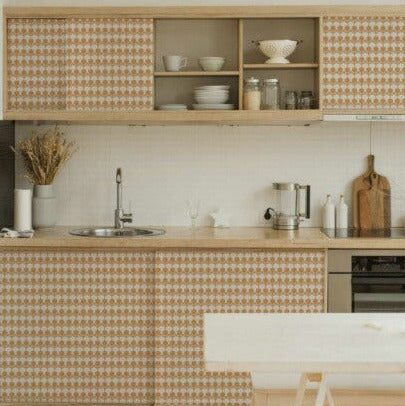 Modwalls ModPaper | ModBlossom | Brown and white | Pictured installed in a kitchen | Colorful Midcentury and Retro wallpapers for bathrooms, kitchens, living rooms, dining rooms, baby rooms, kid’s rooms, and offices. 