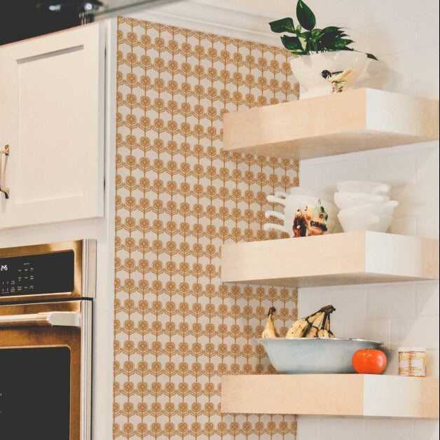Modwalls ModPaper | ModBlossom | Brown and white | Pictured installed in a kitchen | Colorful Midcentury and Retro wallpapers for bathrooms, kitchens, living rooms, dining rooms, baby rooms, kid’s rooms, and offices. 