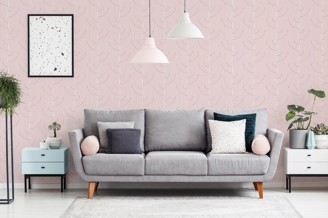 Modwalls ModPaper | ModGlide | Pink repeating wallpaper design | Pictured installed in a living room | Colorful Midcentury and Retro wallpapers for bathrooms, kitchens, living rooms, dining rooms, baby rooms, kid’s rooms, and offices. 