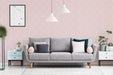 Modwalls ModPaper | ModGlide | Pink repeating wallpaper design | Pictured installed in a living room | Colorful Midcentury and Retro wallpapers for bathrooms, kitchens, living rooms, dining rooms, baby rooms, kid’s rooms, and offices. 