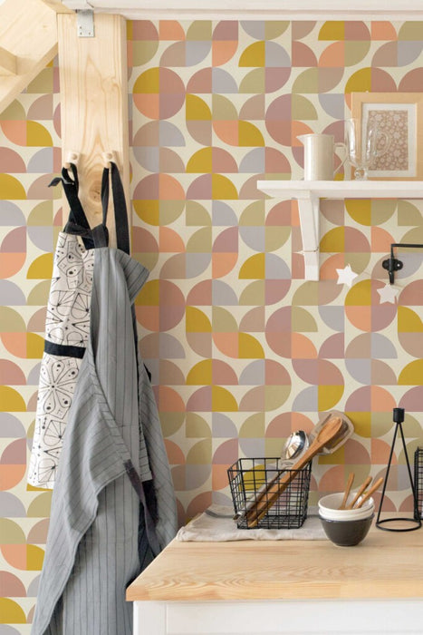 Modwalls ModPaper | ModSpring | Purple, green, blue and pink repeating wallpaper design | Pictured installed in a bakery | Colorful Midcentury and Retro wallpapers for bathrooms, kitchens, living rooms, dining rooms, baby rooms, kid’s rooms, and offices. 