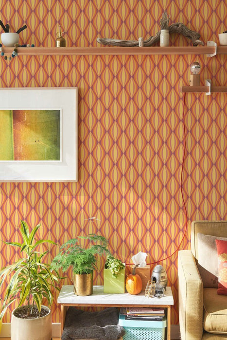 Modwalls ModPaper | ModTwist | Orange and purple oval repeating wallpaper design | Pictured installed in a living room | Colorful Midcentury and Retro wallpapers for bathrooms, kitchens, living rooms, dining rooms, baby rooms, kid’s rooms, and offices. 