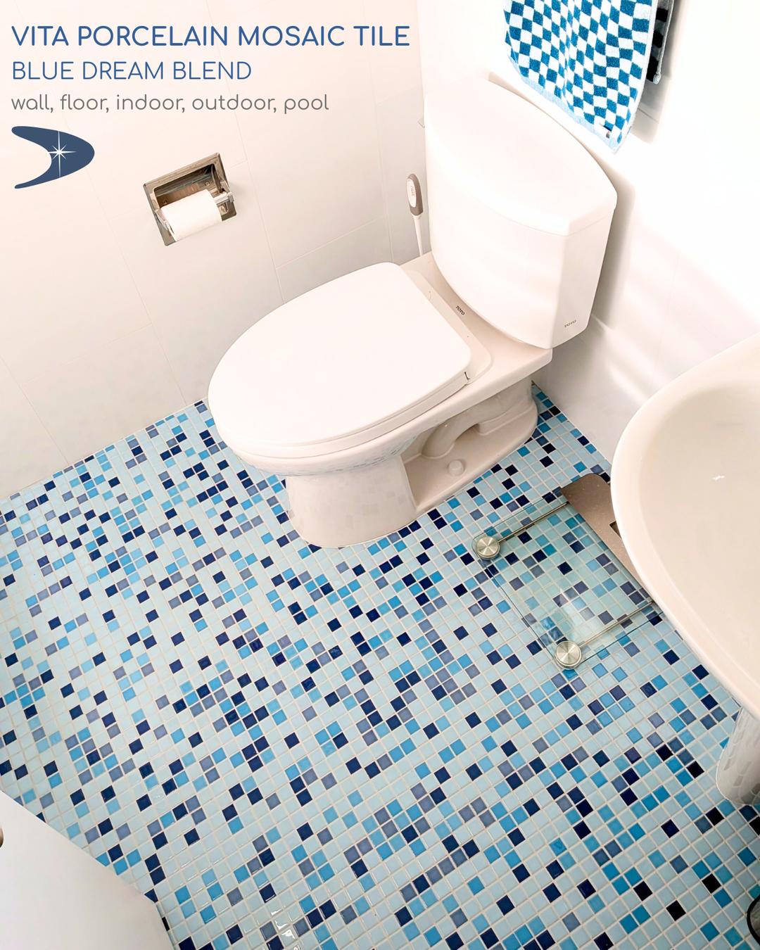 Modwalls Vita Blend Mid-century and Retro Patterns | Blue Dream Blend| Light, medium and dark colored tiles | 1x1 gloss mosaic porcelain blends | Pictured with white grout on a bathroom floor | Choose your pattern colors from 58 color choices. This image depicts a diagram of the colors of the custom pattern. Colorful tile suitable for indoor, outdoor, floor, wall, wet or dry. This tile is perfect for backsplashes, kitchens, bathrooms, showers, feature areas and commercial projects.