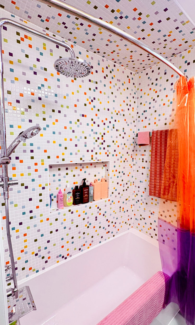 Modwalls Vita Blend Mid-century and Retro Patterns | Cosmo Blend| White, orange, teal, light blue,  green, yellow, and purple tiles | 1x1 gloss mosaic porcelain blends | Pictured with white grout in a shower | Choose your pattern colors from 58 color choices. This image depicts a diagram of the colors of the custom pattern. Colorful tile suitable for indoor, outdoor, floor, wall, wet or dry. This tile is perfect for backsplashes, kitchens, bathrooms, showers, feature areas and commercial projects.