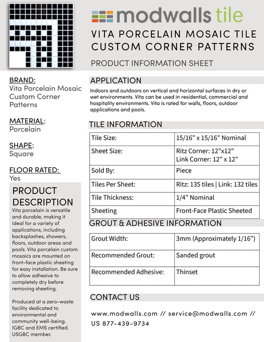 Vita Porcelain Mosaic Tile | Custom Pattern Border Link Corner