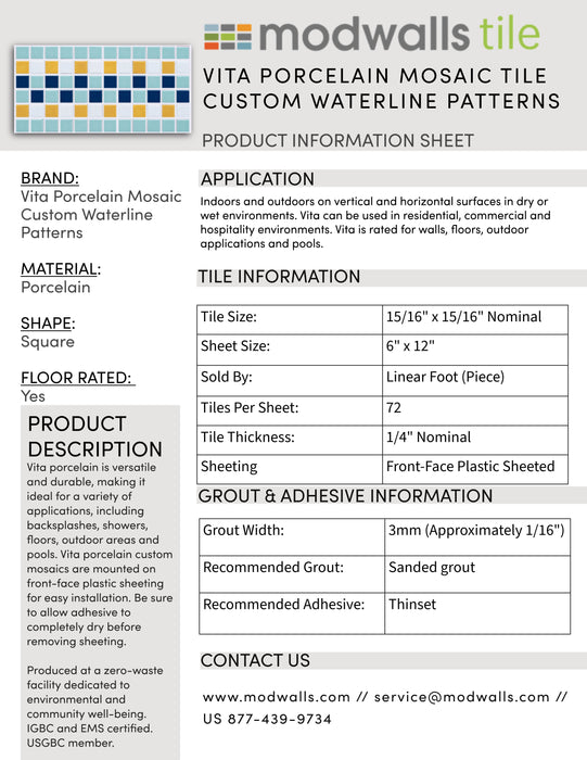 Vita Porcelain Mosaic Tile | Custom Pool Waterline Pattern Rill