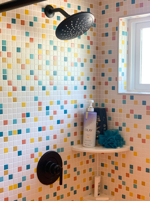 Modwalls Vita Mosaic Porcelain Tile in MCM Blend | Midcentury modern style white, orange, blue and red mosaic tiles | Pictured installed in a shower | Colorful Midcentury and Modern tile for backsplashes, kitchens, bathrooms, showers, floors, outdoor & feature areas. 