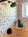 Modwalls Vita Mosaic Porcelain Tile in MCM Blend | Midcentury modern style white, orange, blue and red mosaic tiles | Pictured installed in a shower | Colorful Midcentury and Modern tile for backsplashes, kitchens, bathrooms, showers, floors, outdoor & feature areas. 