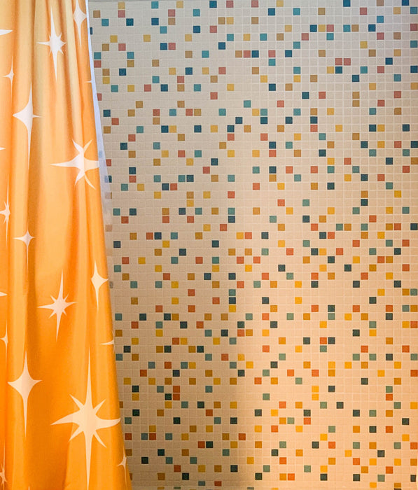 Modwalls Vita Mosaic Porcelain Tile in MCM Blend | Midcentury modern style white, orange, blue and red mosaic tiles | Pictured installed in a shower | Colorful Midcentury and Modern tile for backsplashes, kitchens, bathrooms, showers, floors, outdoor & feature areas. 