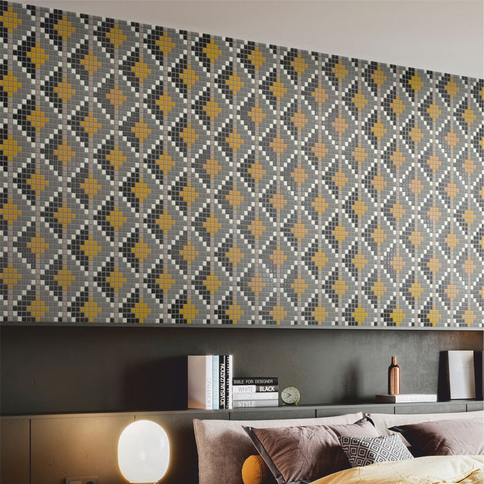 This depicts a custom porcelain mosaic tile pattern. 