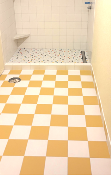 ColorBlock 8 Porcelain Tile Warm Sand | Pictured as a checkerboard bathroom floor with Salt 