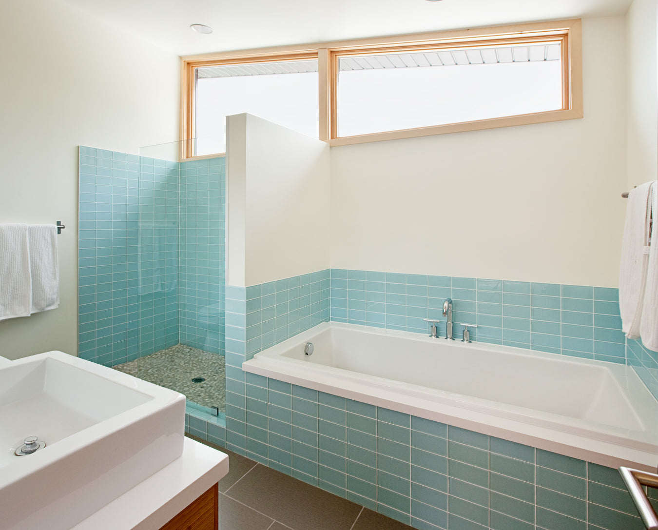 Modwalls Lush Glass Subway Tile | 3x9 in Breaker Blue | Colorful modern glass tile for bathrooms, showers, kitchen, backsplashes, pools & outdoors. 
