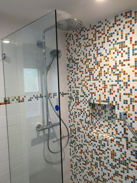 Modwalls Brio Glass Mosaic Tile | Logo Blend | Colorful Modern & Midcentury glass tile for kitchens, bathrooms, backsplashes, showers, floors, pools & outdoors. 
