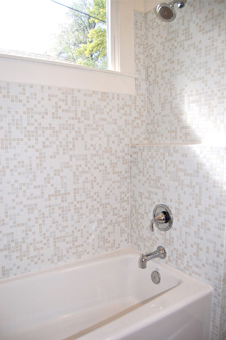 Modwalls Brio Glass Mosaic Tile | White Linen Blend | Modern tile for backsplashes, kitchens, bathrooms, showers, pools, outdoor and floors